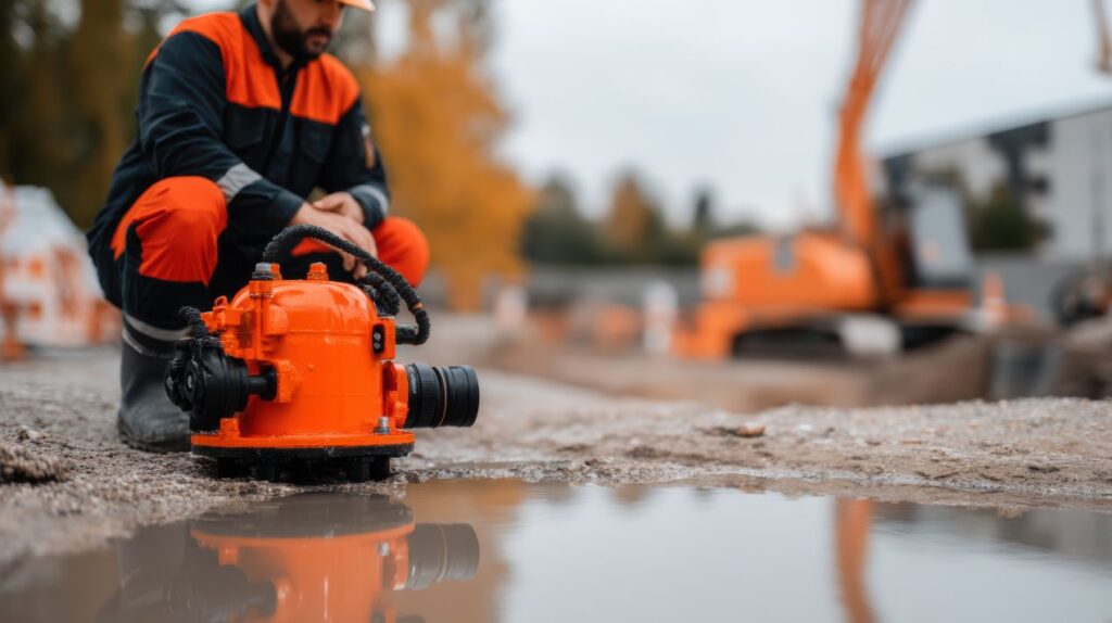 Kompakte Tauchpumpe auf schlammiger Baustelle mit Pfuetze im Vordergrund und Bauarbeiter im Hintergrund