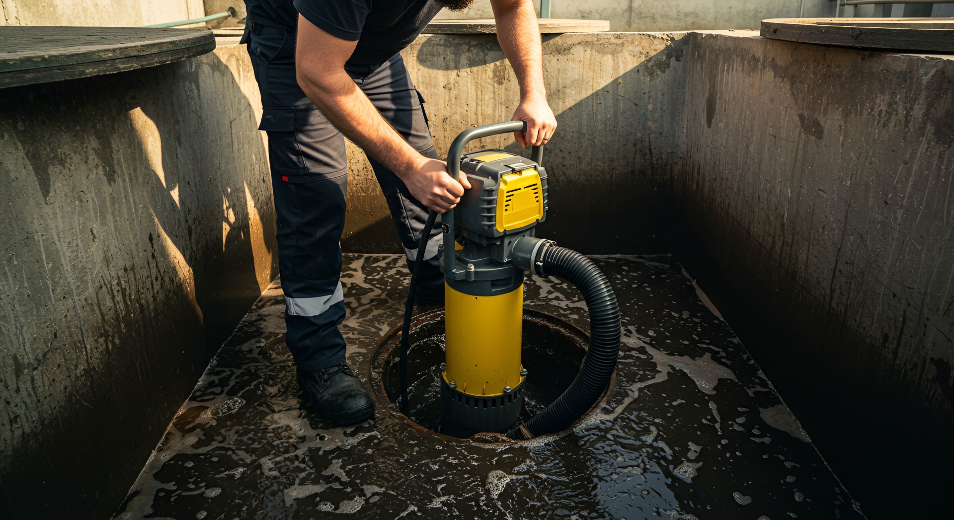 Techniker positioniert eine gelbe Tauchpumpe in einem verschmutzten Schacht zur Schmutzwasserförderung auf einer Baustelle.