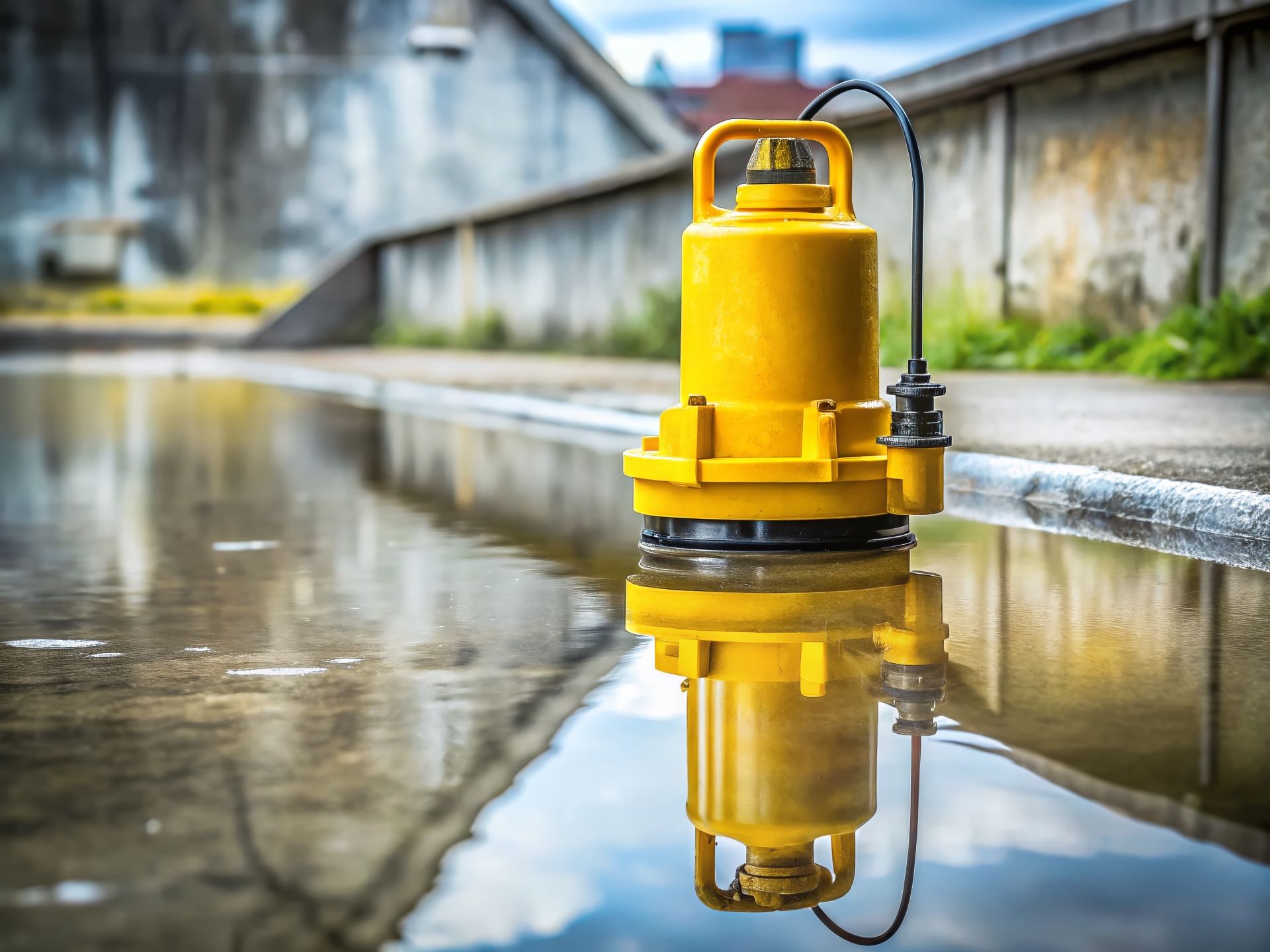 Gelbe Tauchpumpe steht einsatzbereit in einer Pfütze vor einer Industrieanlage – ideal für Regenwasser oder Oberflächenentwässerung.